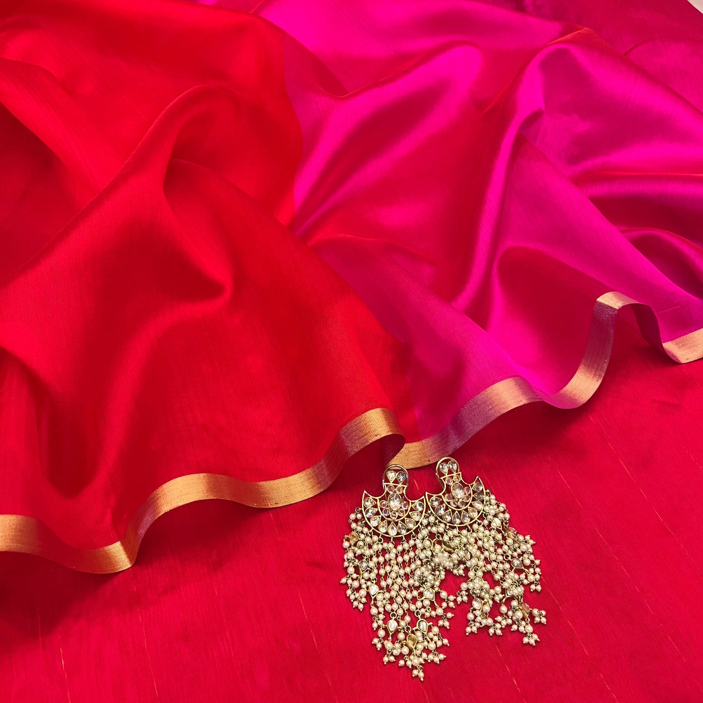 Chili Red and pink Chanderi silk saree with tassels on pallu