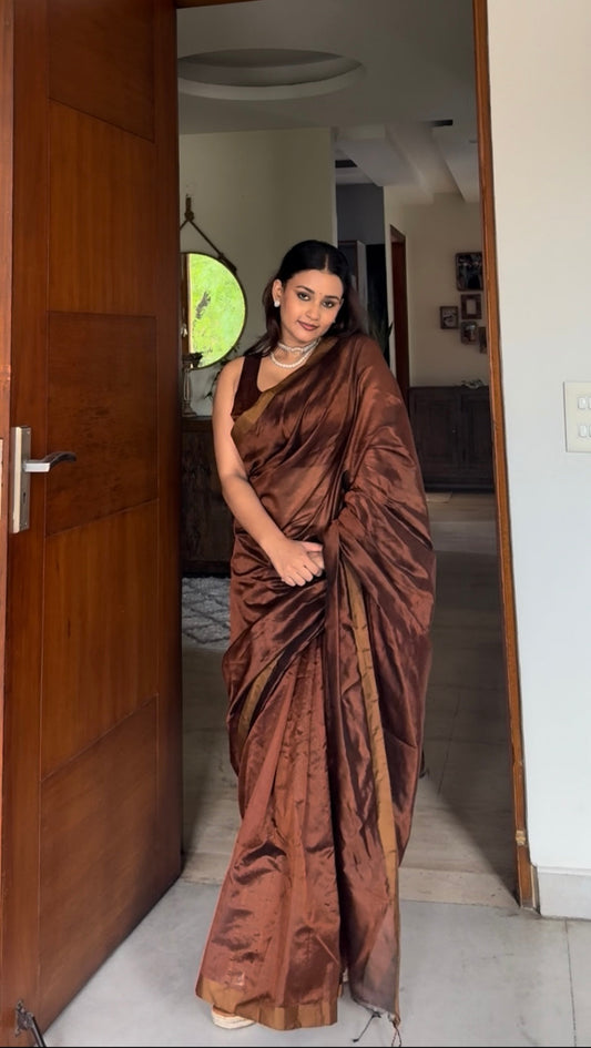 Cinnamon brown chanderi silk saree with silk border