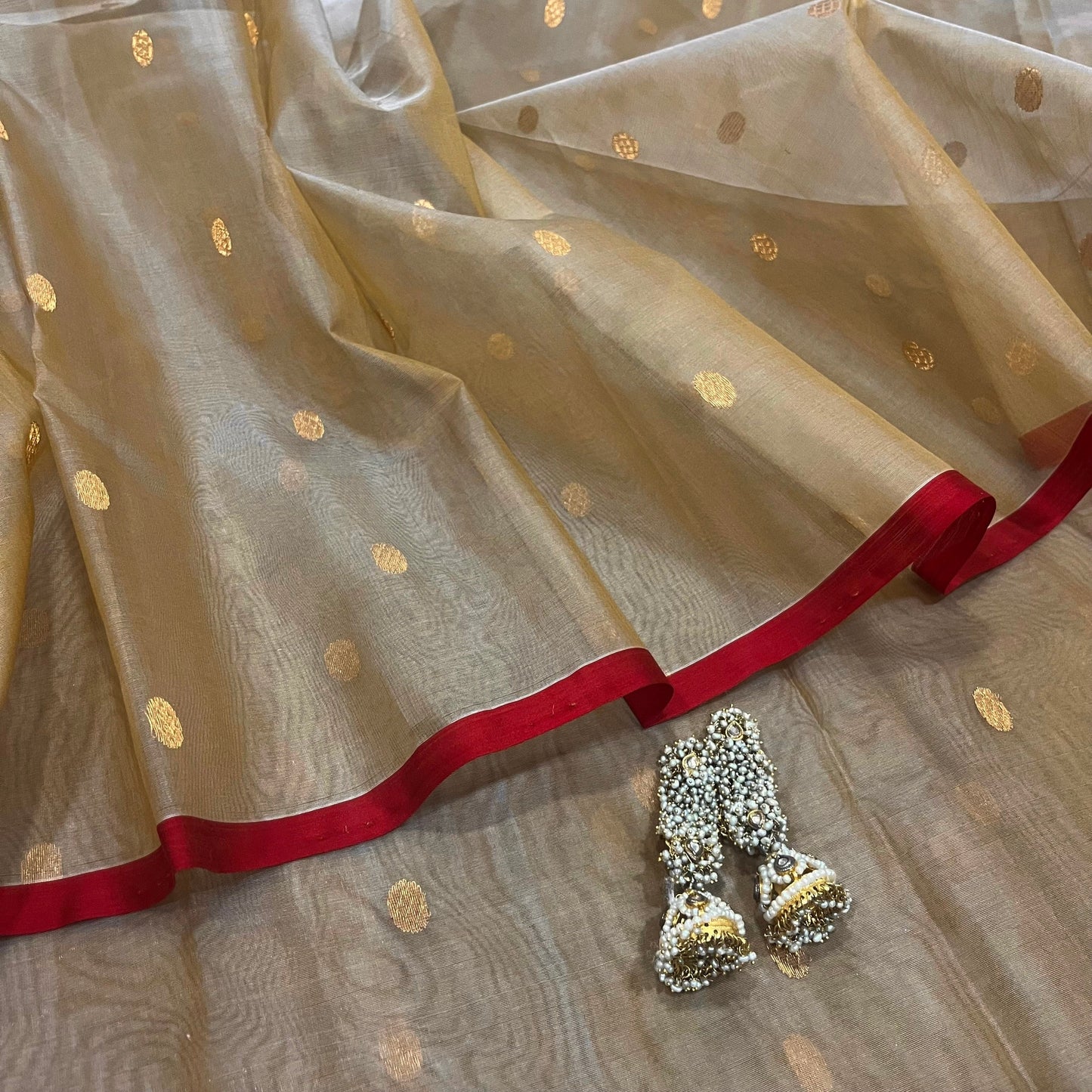 Beige gold and red Chanderi silk saree with zari bootis all over