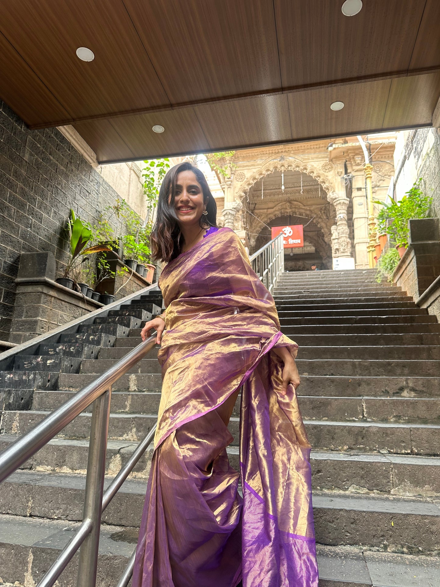 Purple & Gold Chanderi Tissue Silk Saree