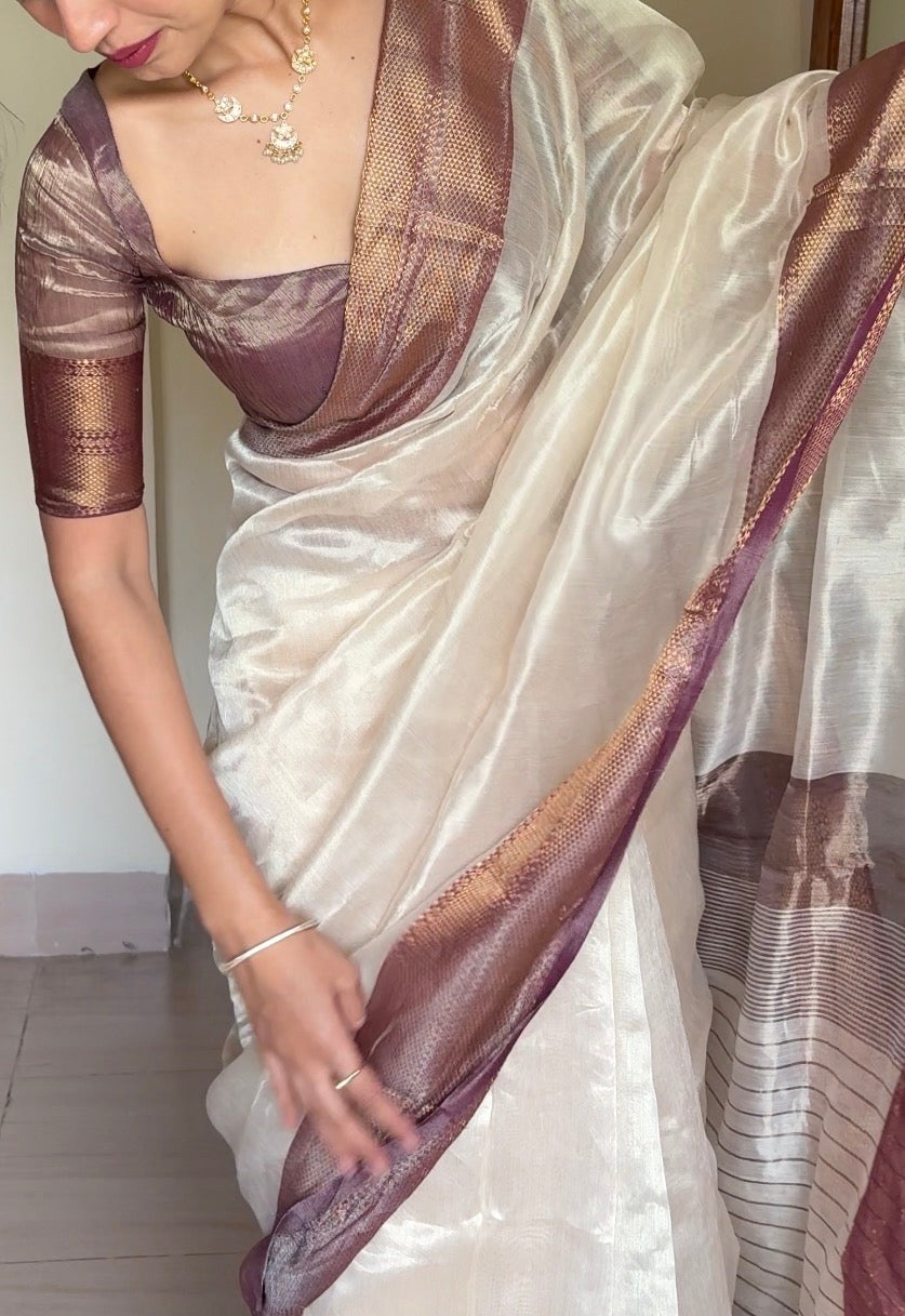 Cream & Violet Maheshwari tissue silk saree with antique gold zari border