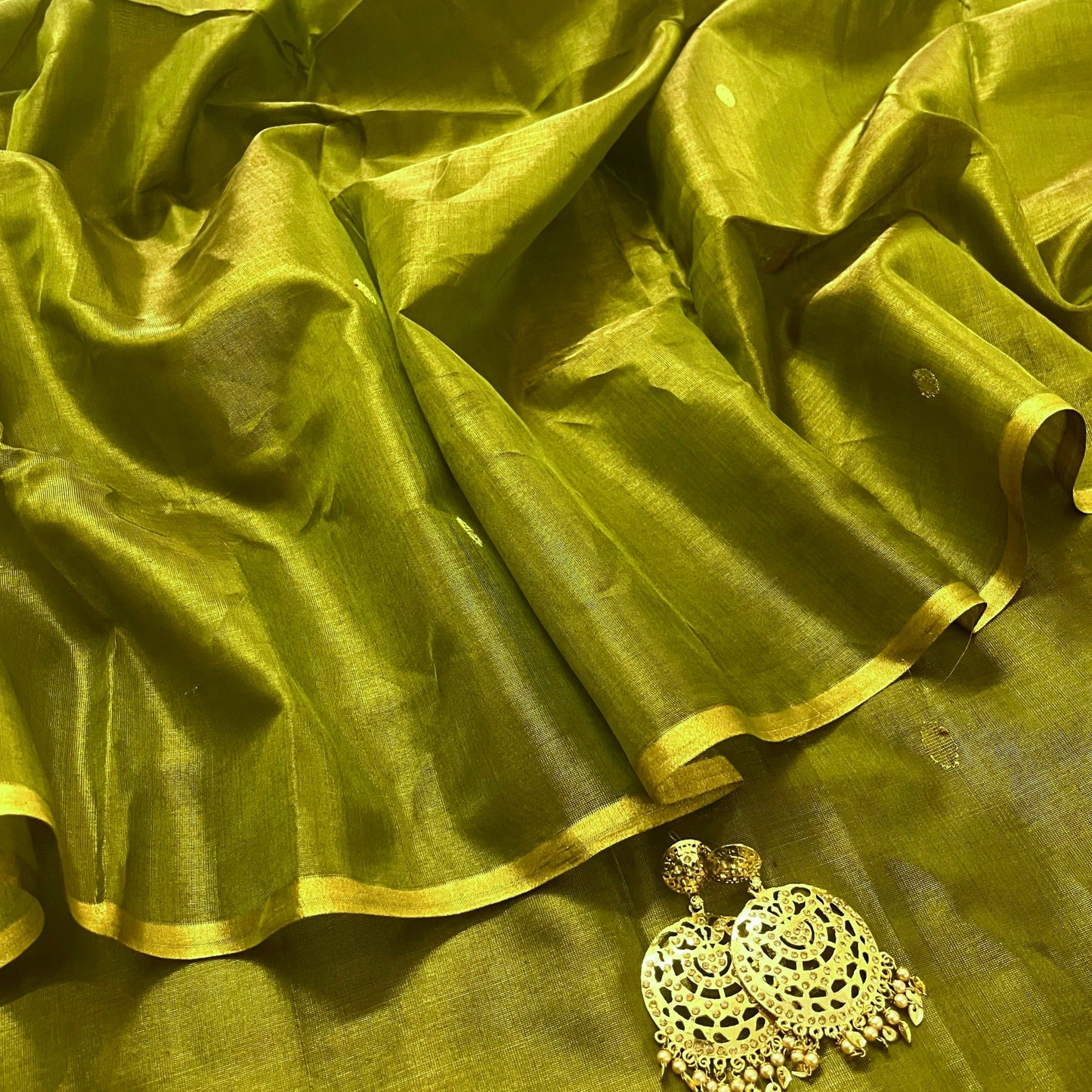 Olive gold maheshwari tissue silk saree with zari bootis all over