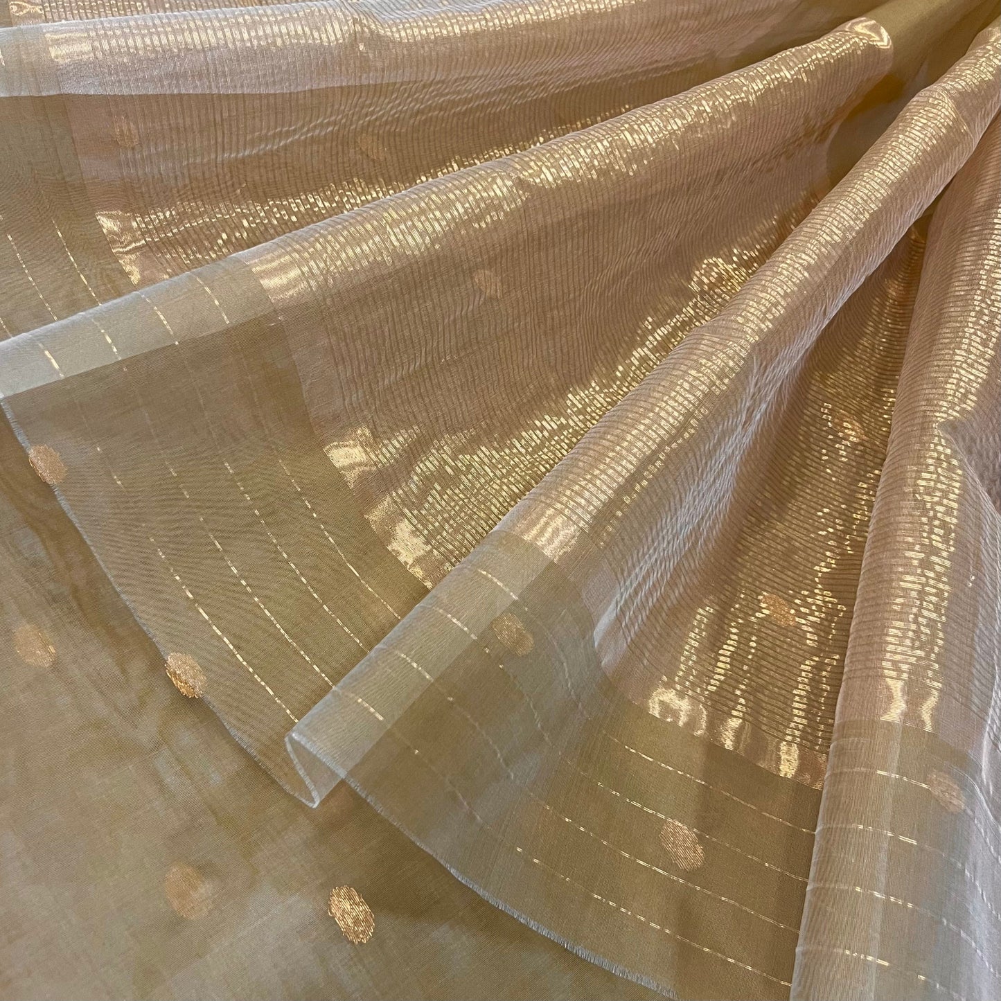 Beige gold and red Chanderi silk saree with zari bootis all over
