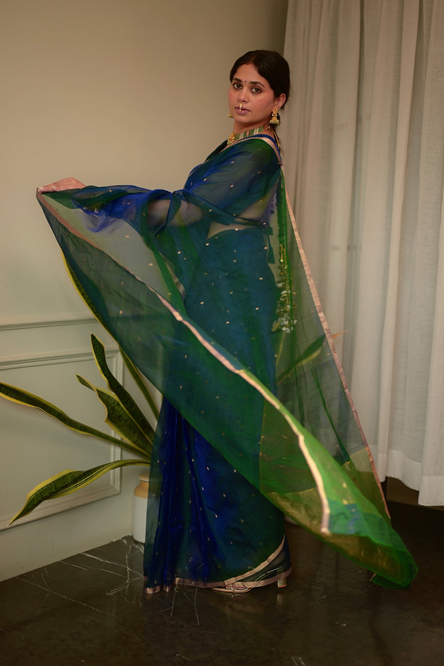 Peacock Blue & Green Dual Tone Chanderi Organza Silk Saree with Zari Bootis all over