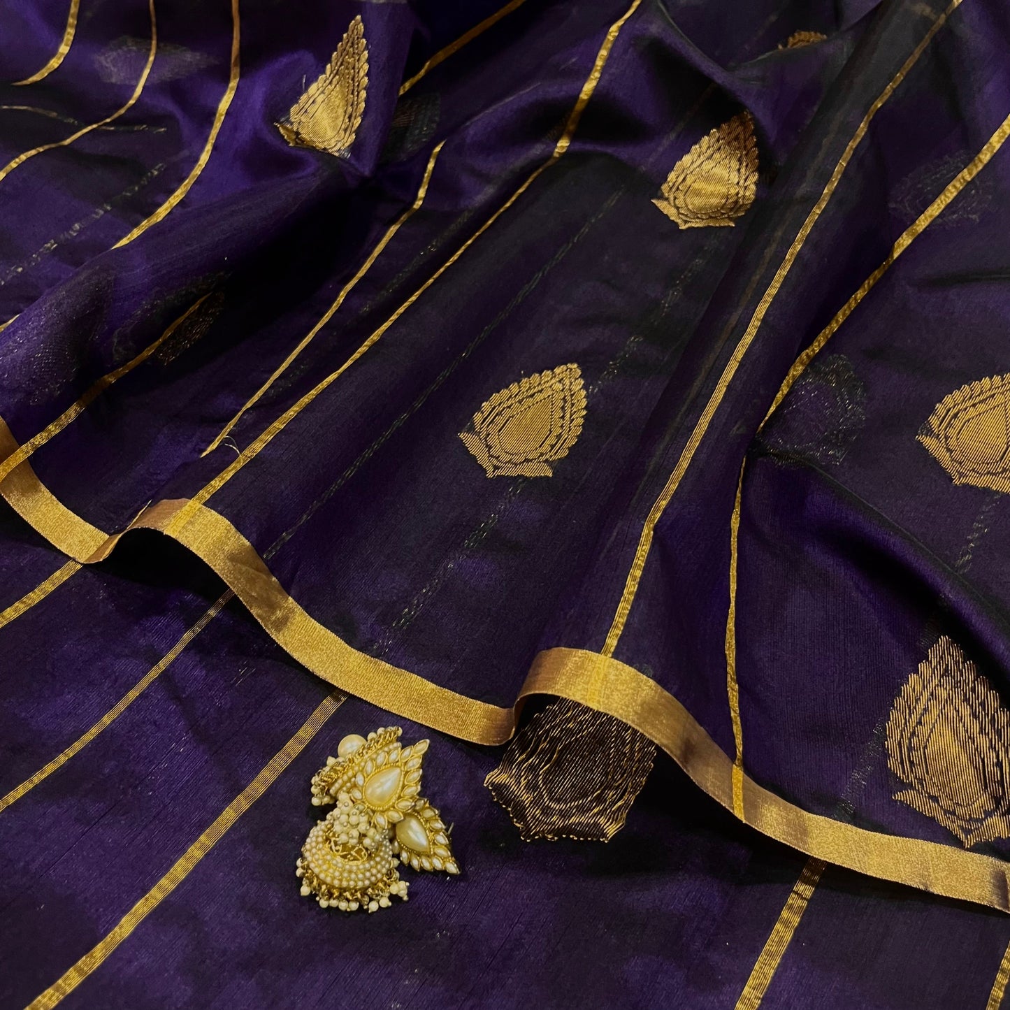 Midnight blue Chanderi silk saree with zari motifs all over