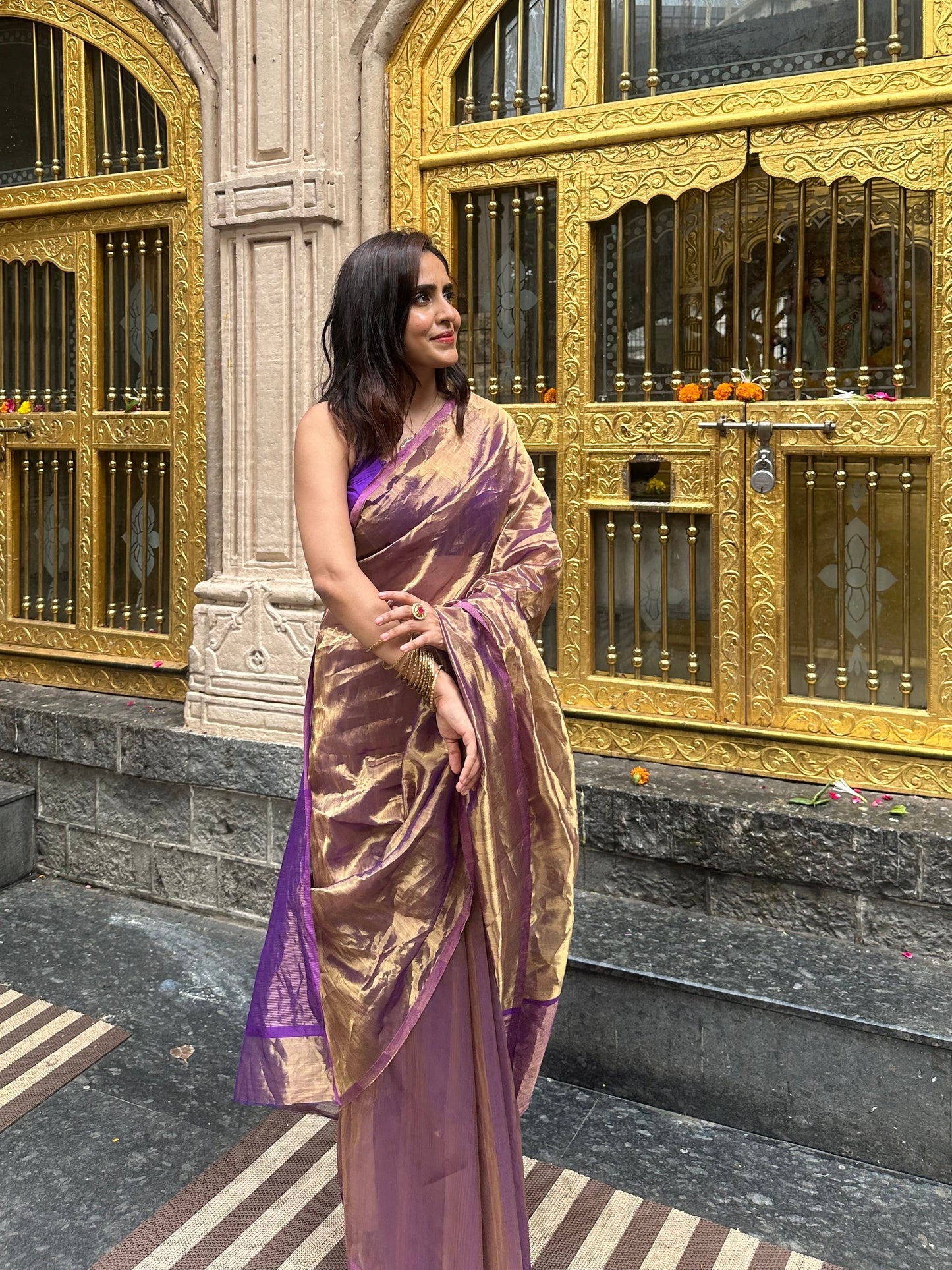 Purple & Gold Chanderi Tissue Silk Saree