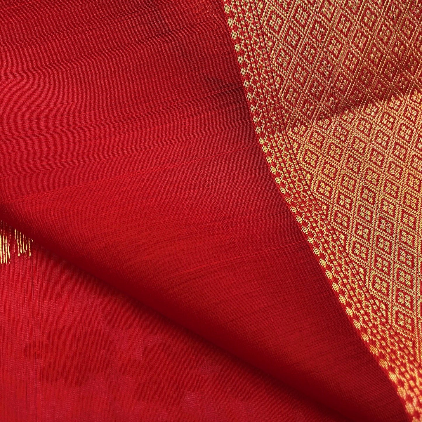 Red Maheshwari saree with morni motifs all over