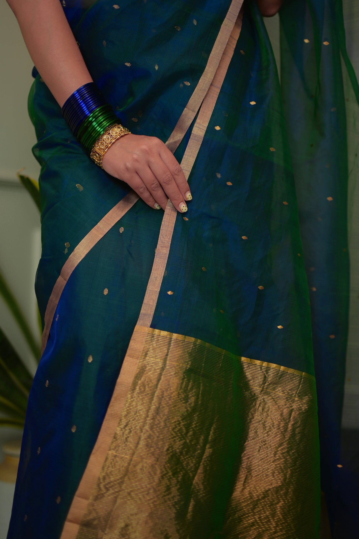Peacock Blue & Green Dual Tone Chanderi Organza Silk Saree with Zari Bootis all over
