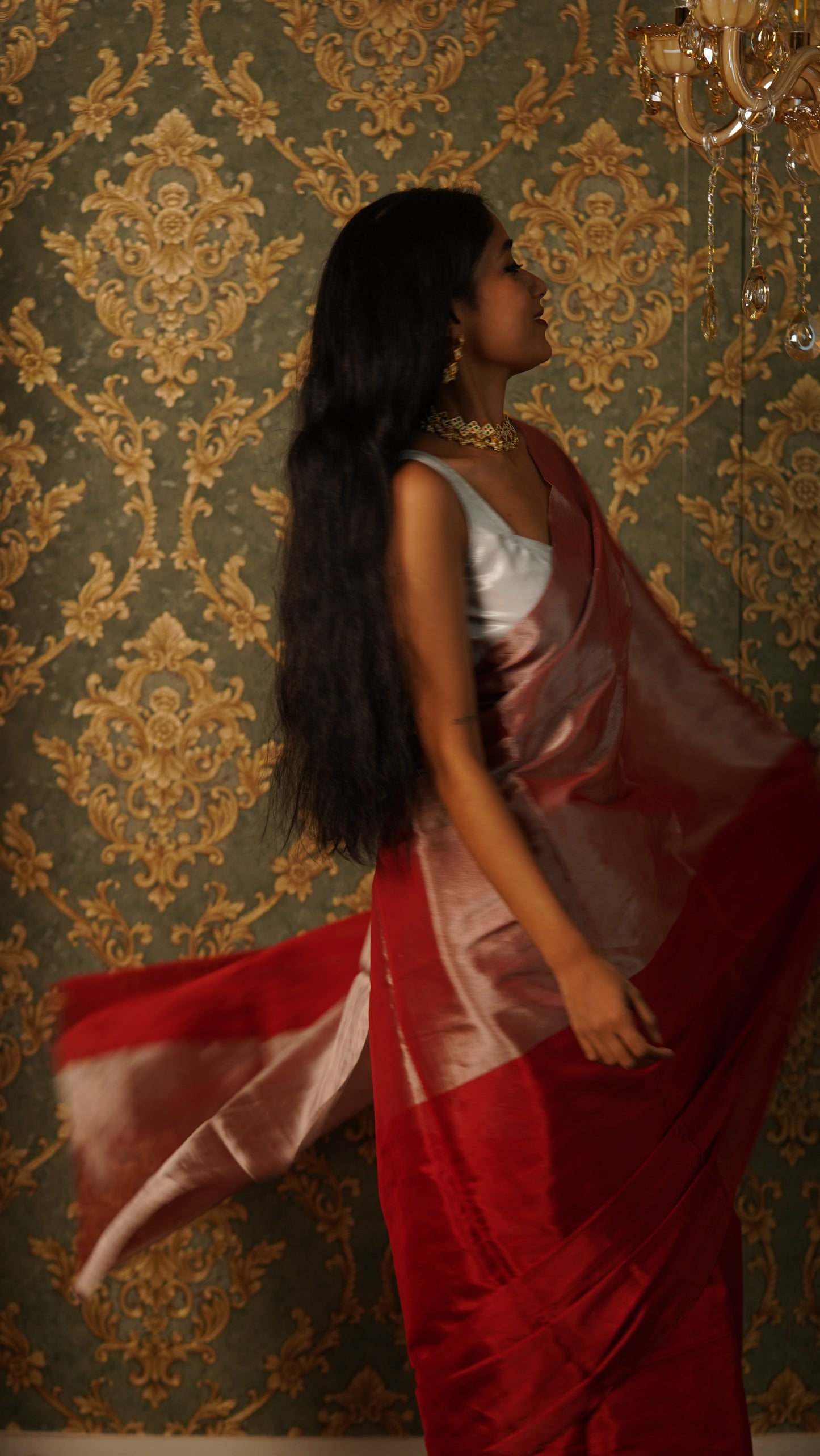 Silver and red chanderi tissue silk saree