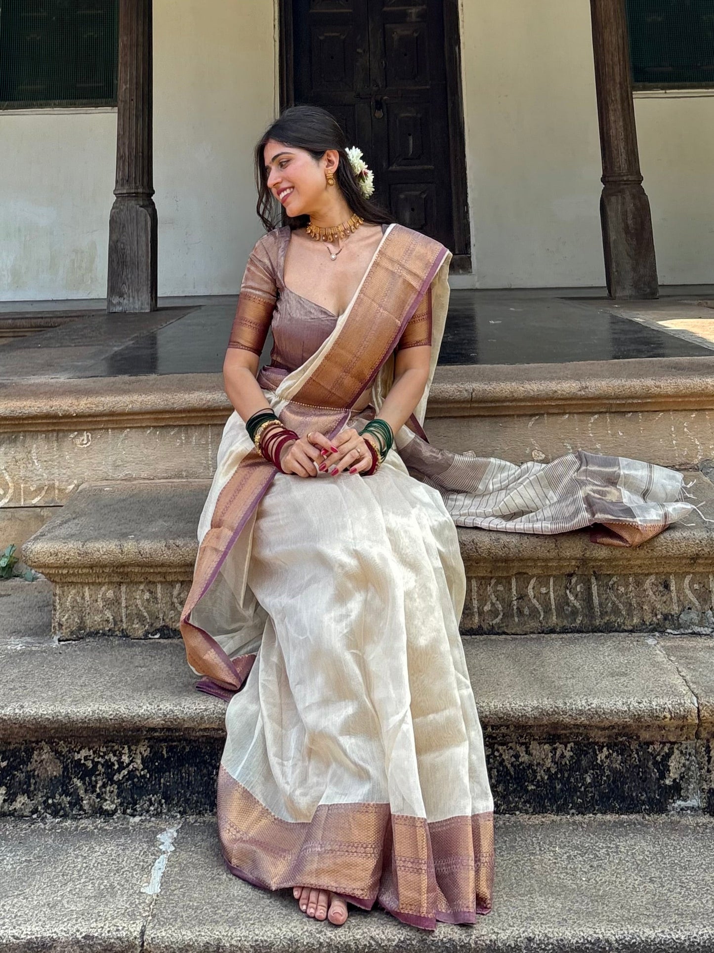 Cream & Violet Maheshwari tissue silk saree with antique gold zari border