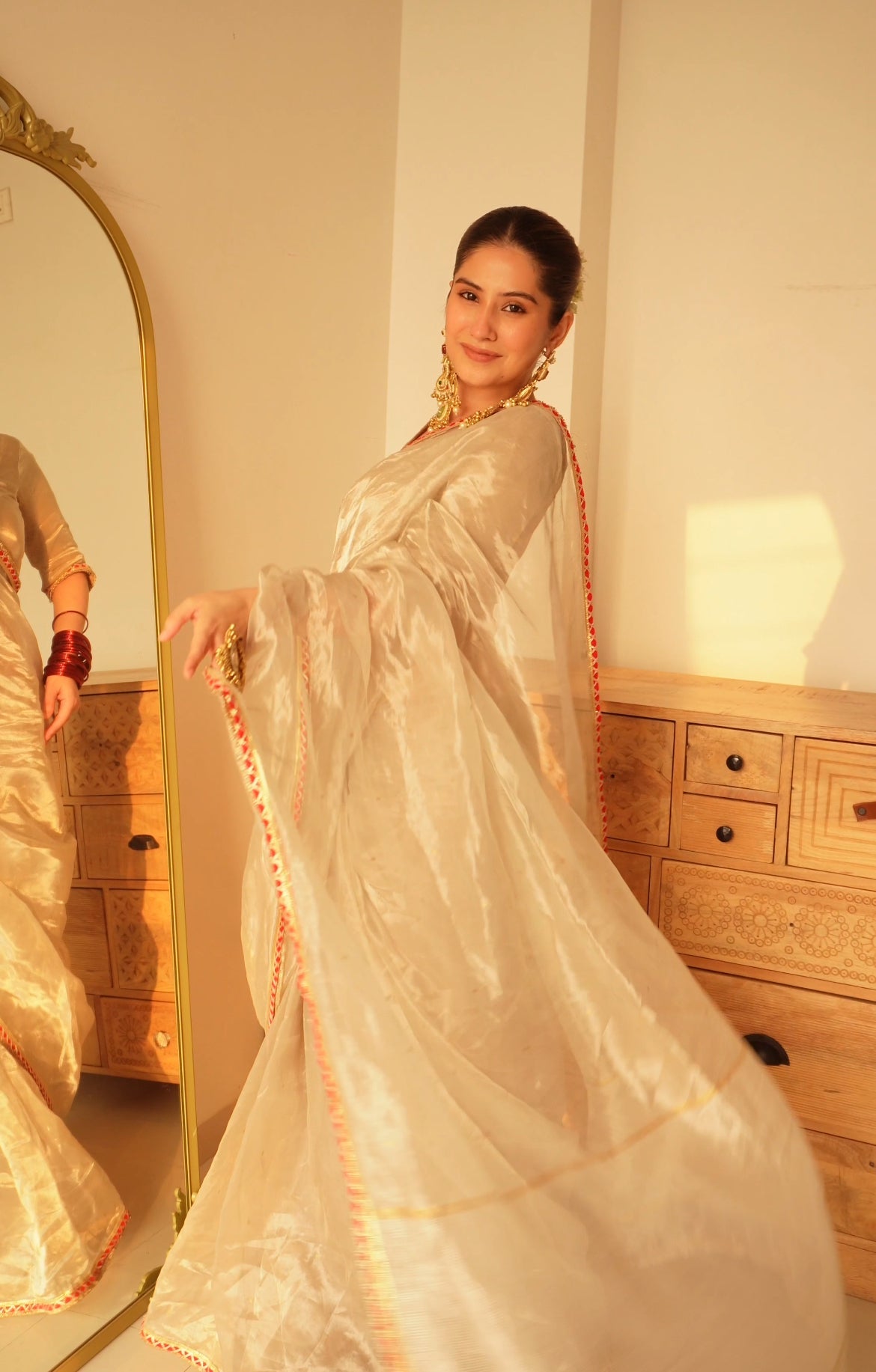 Chantilly cream and red Chanderi tissue silk saree with zari bootis all over