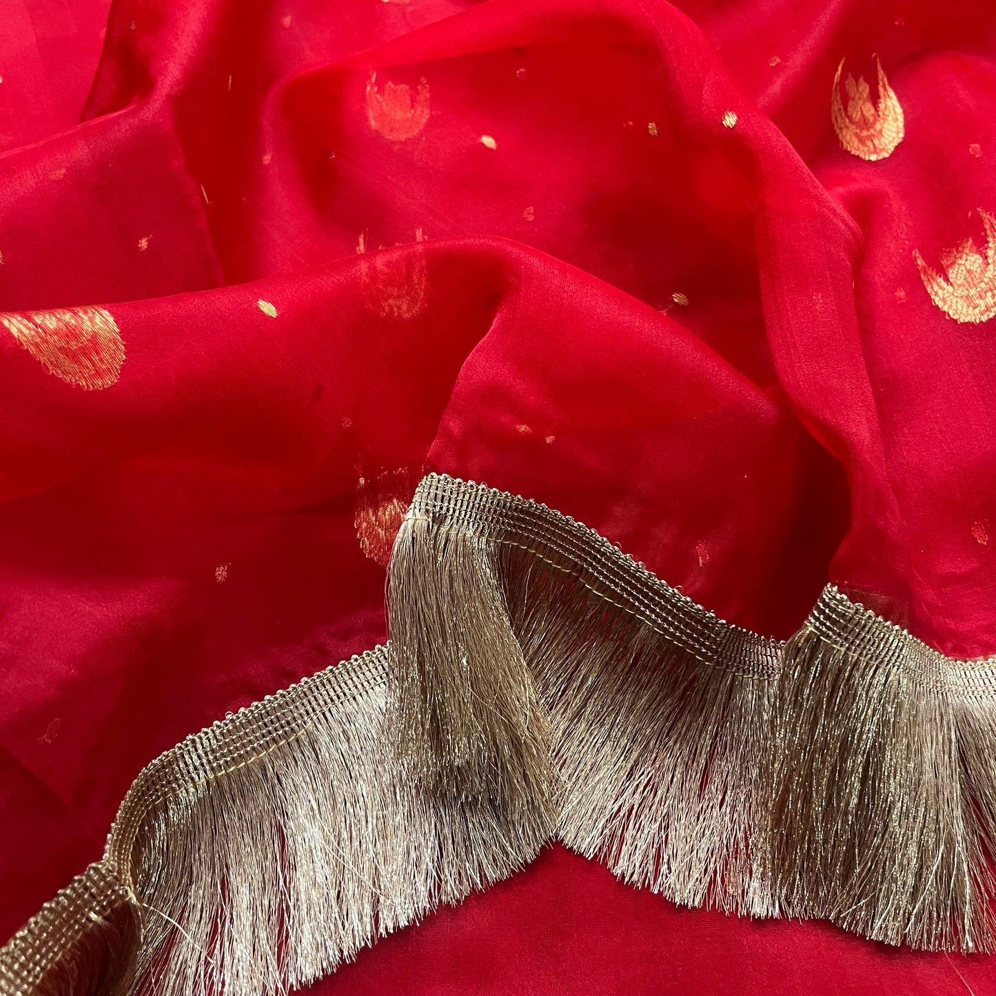 Red Chanderi saree with zari bootis and chaand bootis all over