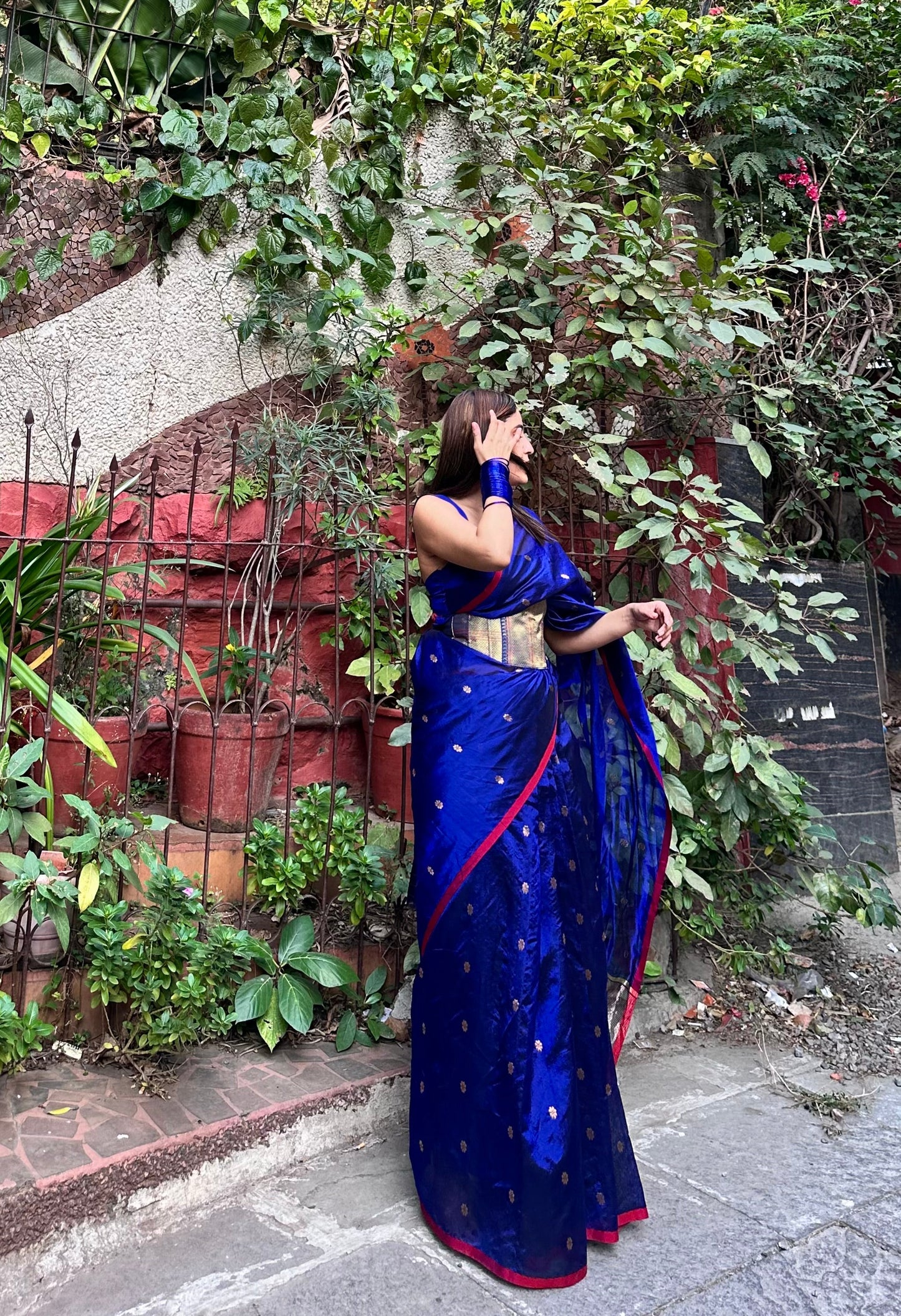 Dark blue Chanderi silk saree with flower bootis all over