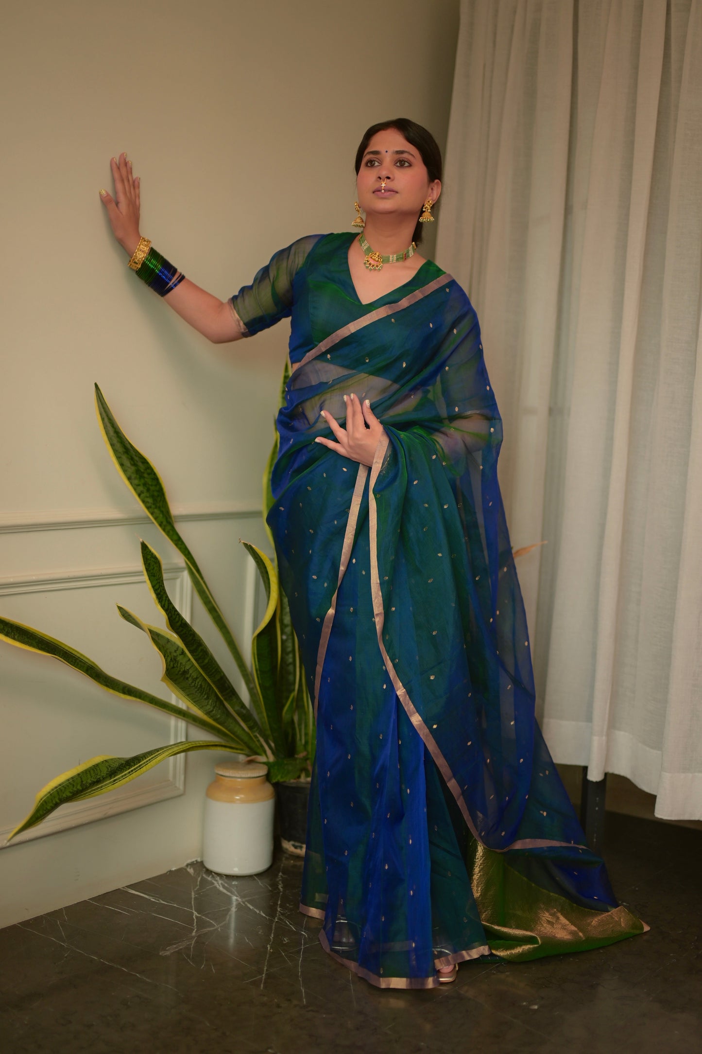 Peacock Blue & Green Dual Tone Chanderi Organza Silk Saree with Zari Bootis all over