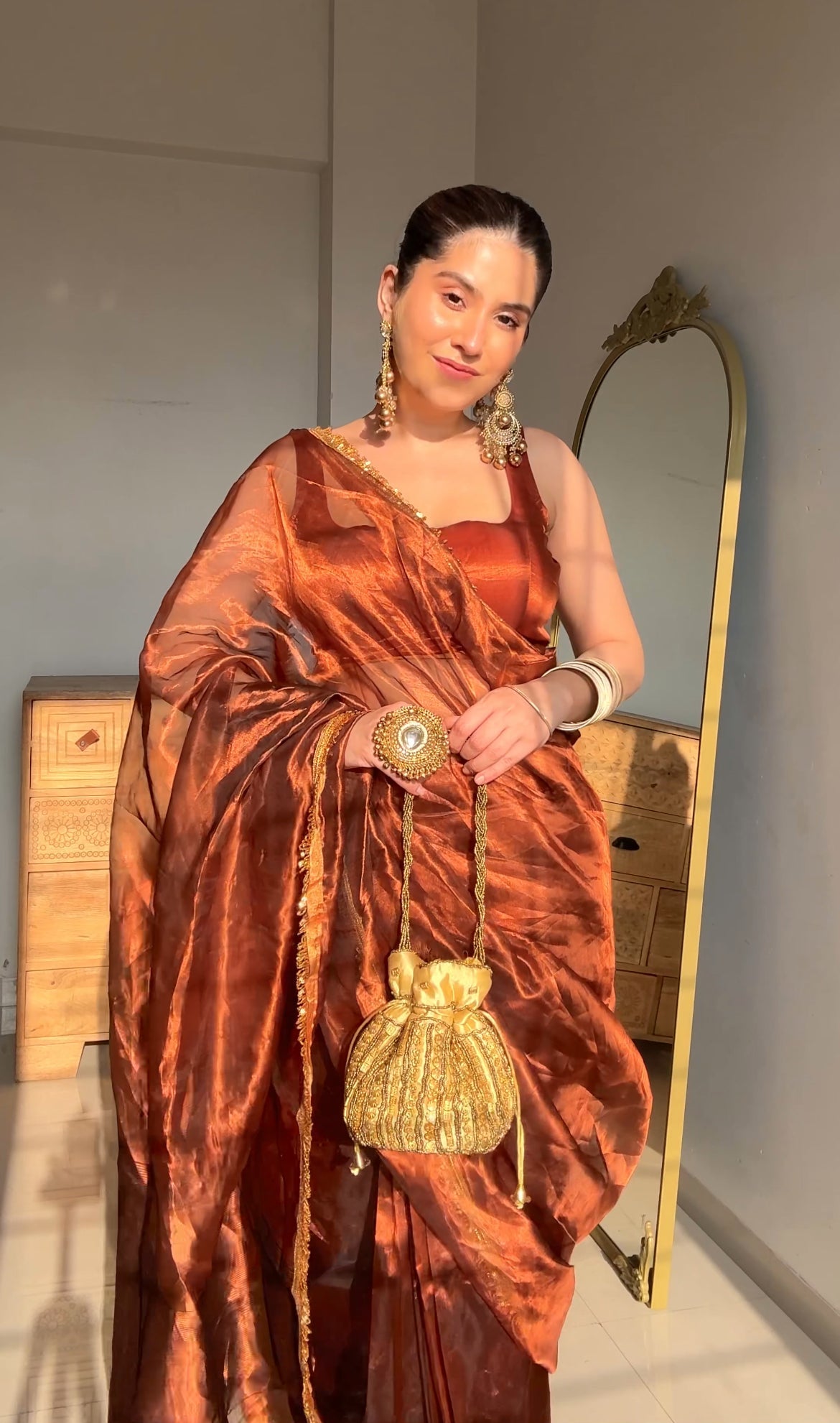 Molten Copper chanderi tissue silk saree with kiran border