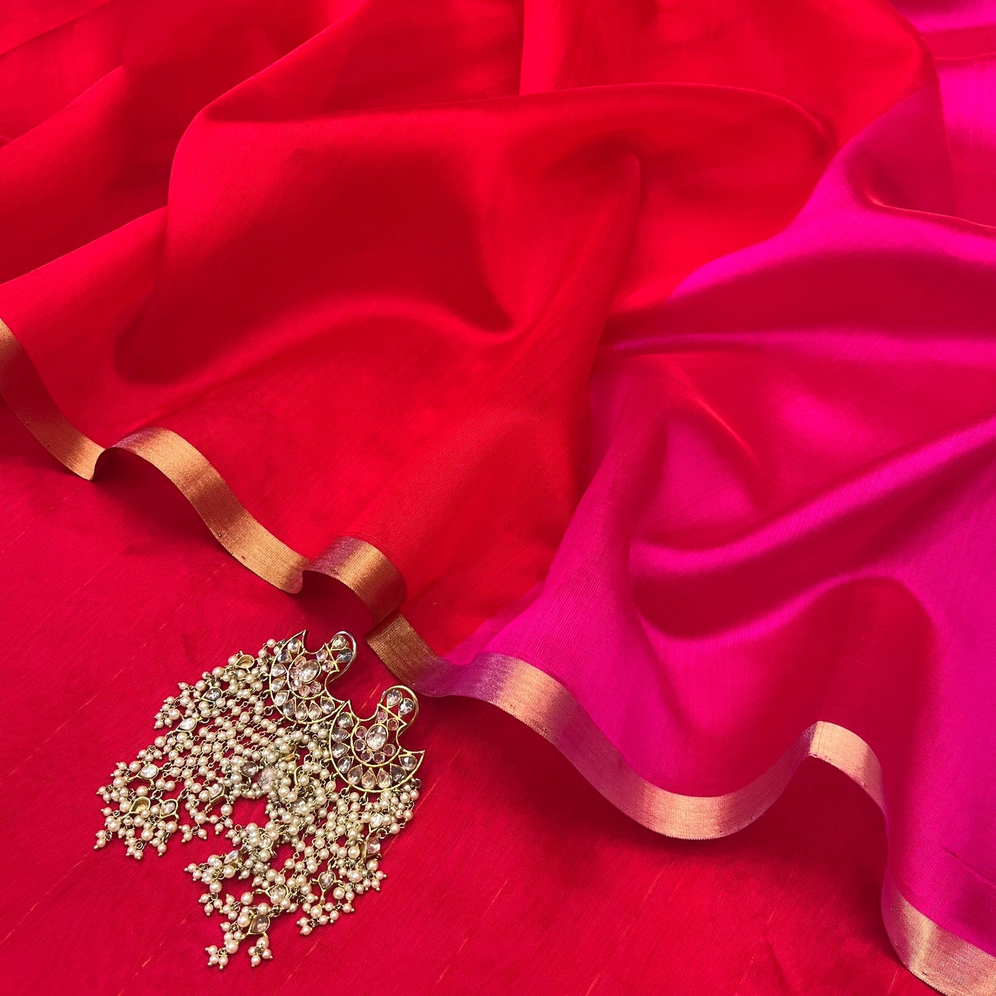 Chili Red and pink Chanderi silk saree with tassels on pallu