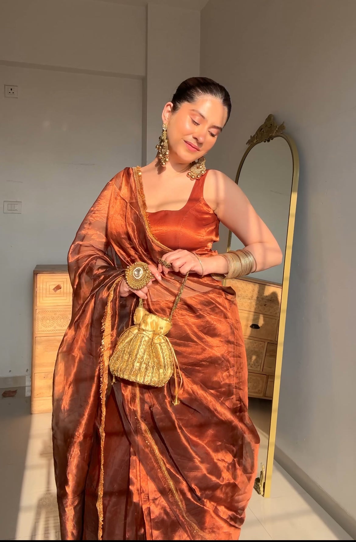 Molten Copper chanderi tissue silk saree with kiran border