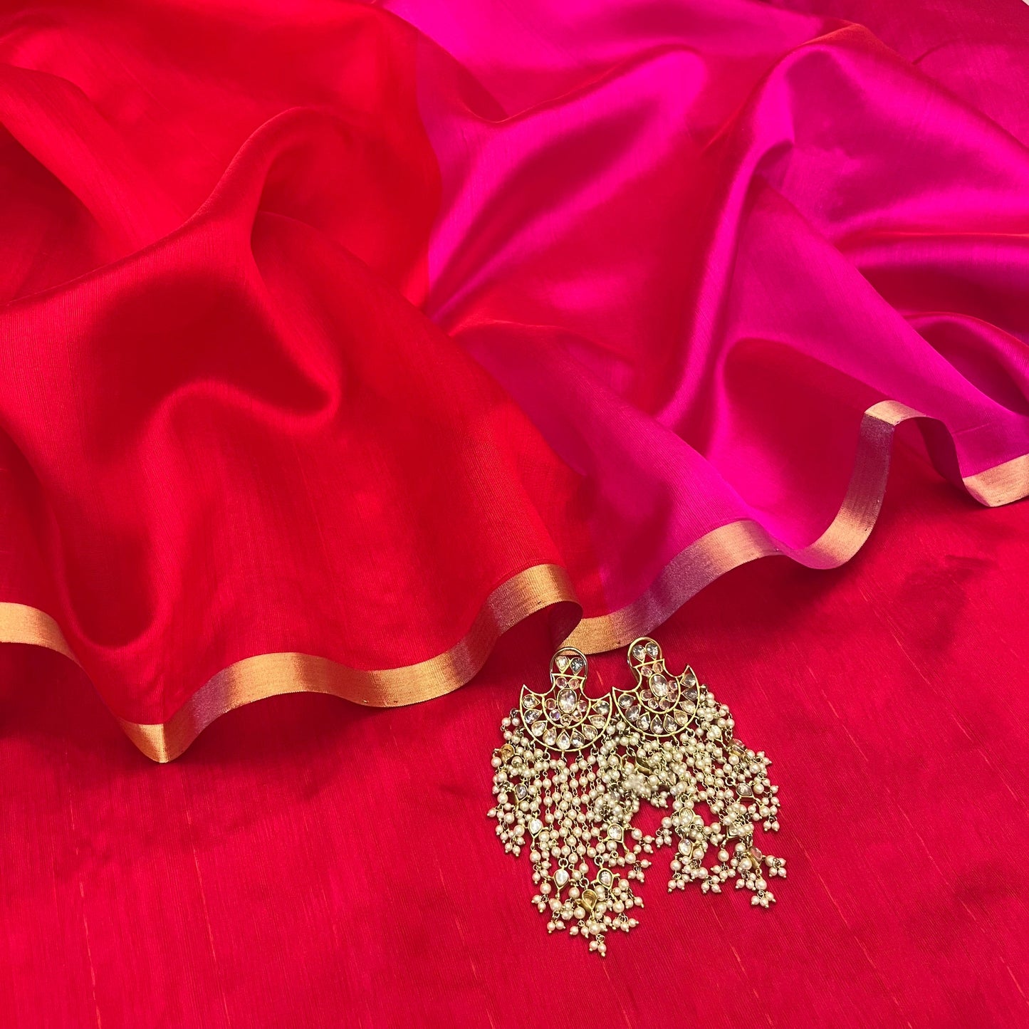 Chili Red and pink Chanderi silk saree with tassels on pallu