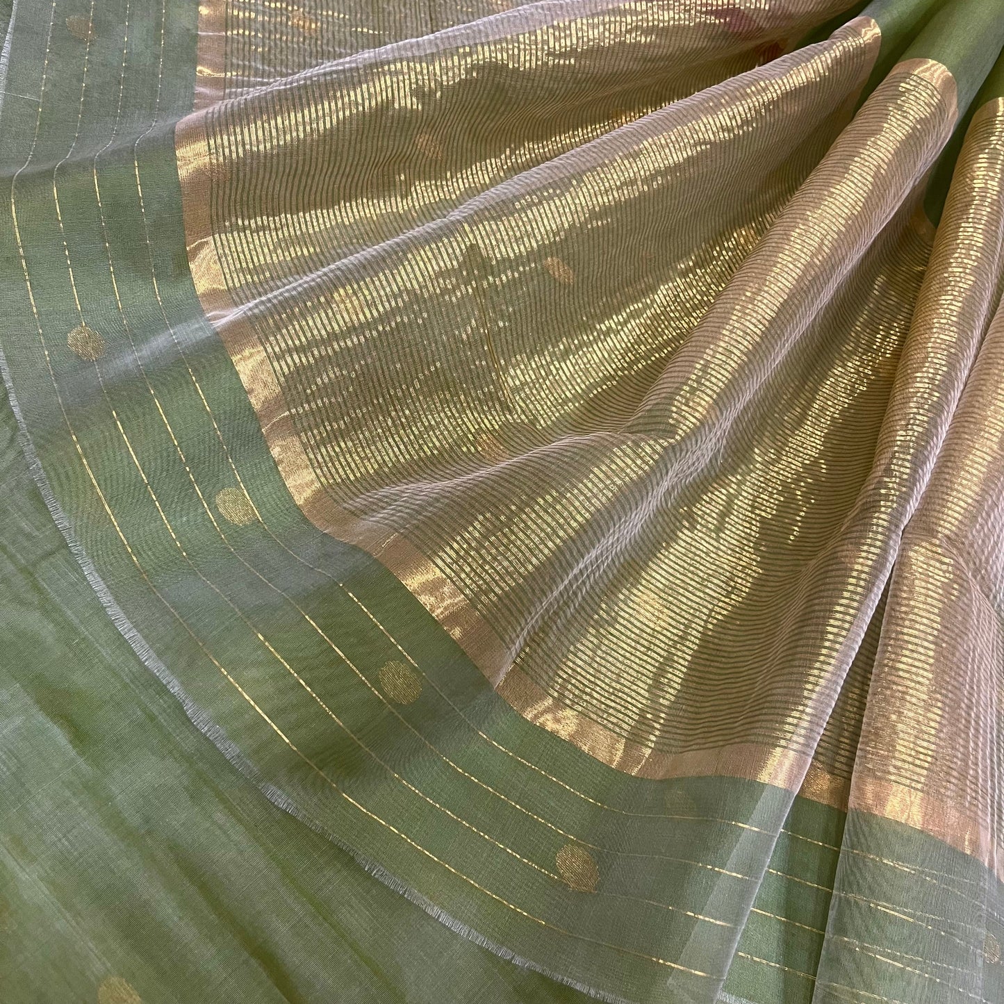 Olive gold &red Chanderi silk saree with zari bootis all over