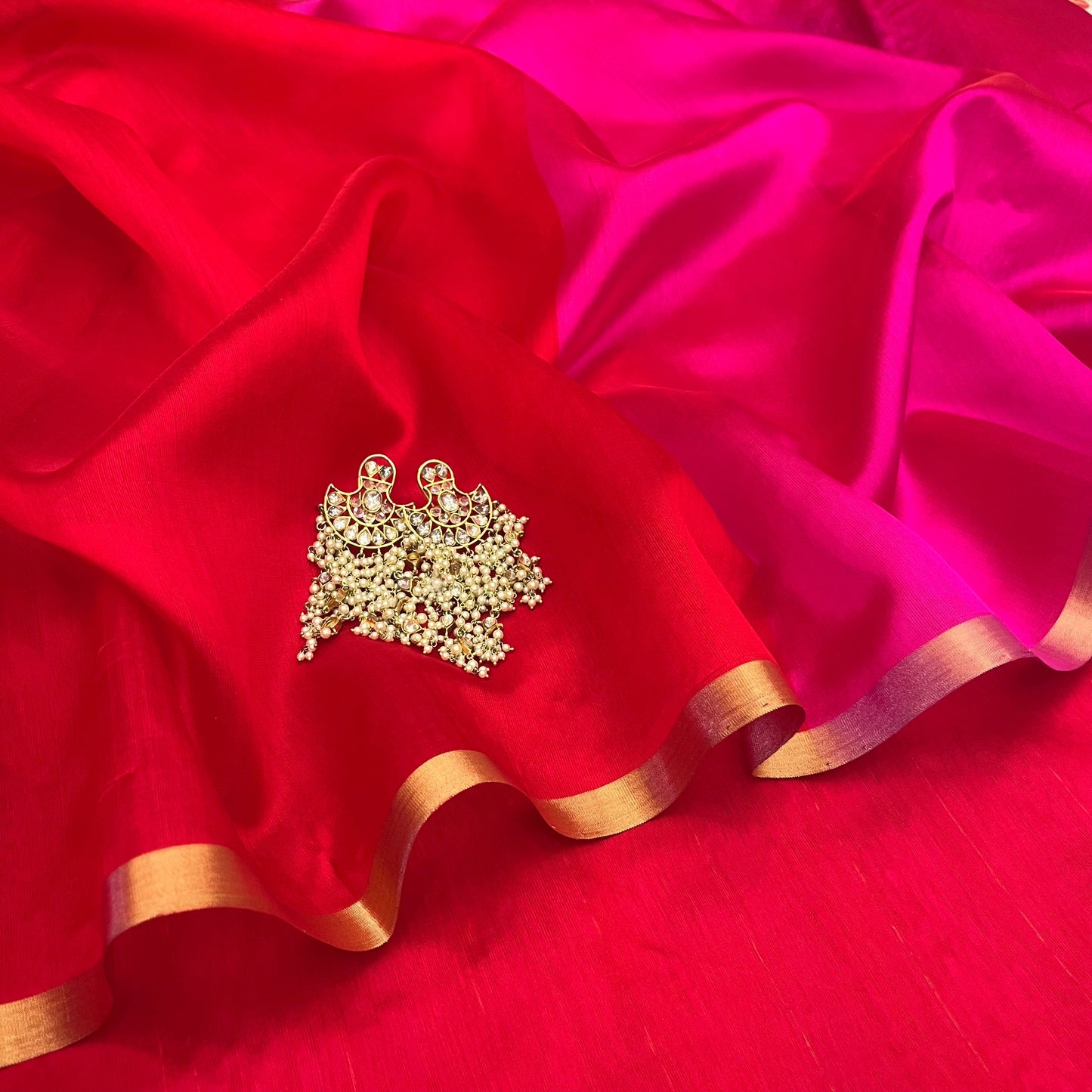Chili Red and pink Chanderi silk saree with tassels on pallu