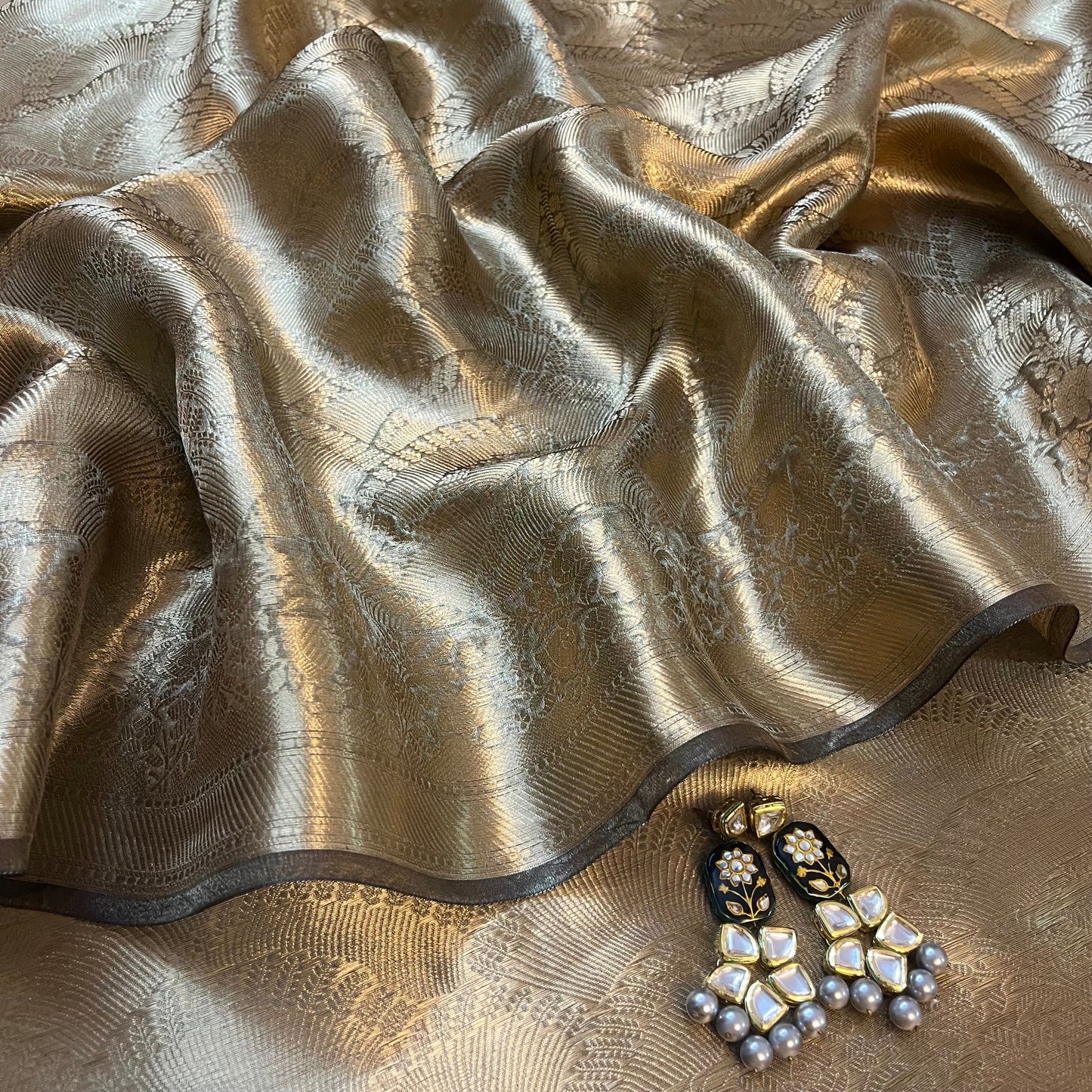 Antique gold Banarasi brocade silk saree with zari pattern all over