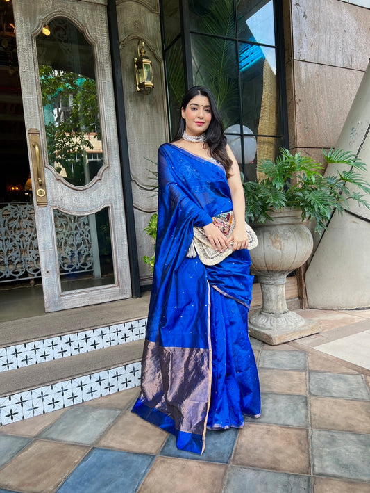 Royal blue chanderi silk saree with zari bootis all over