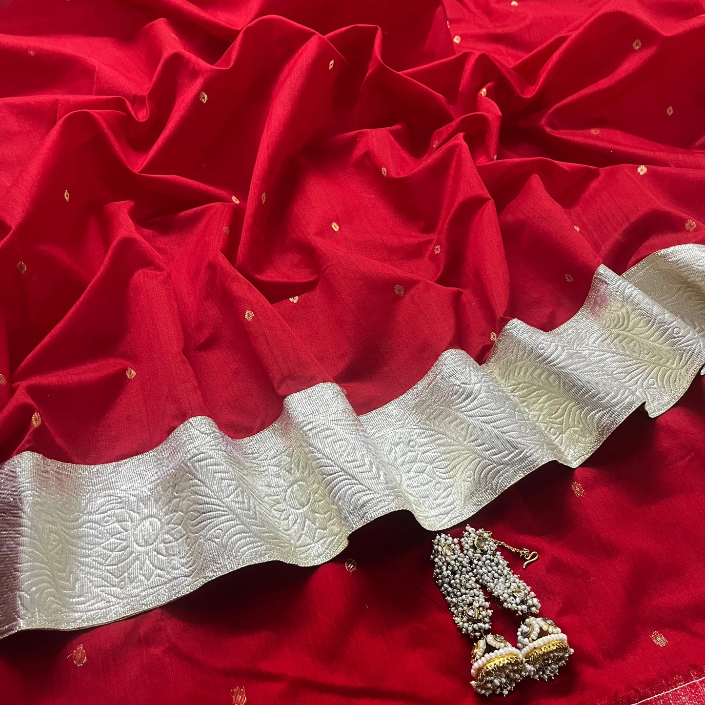 Deep Red chanderi saree with zari bootis all over