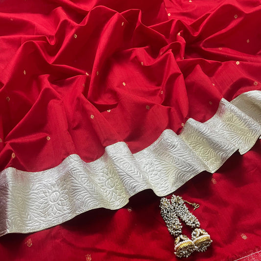 Deep Red chanderi saree with zari bootis all over