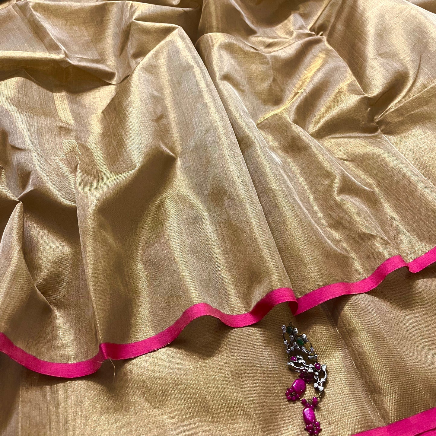 Antique gold & pink maheshwari tissue silk saree with zari lines on pallu