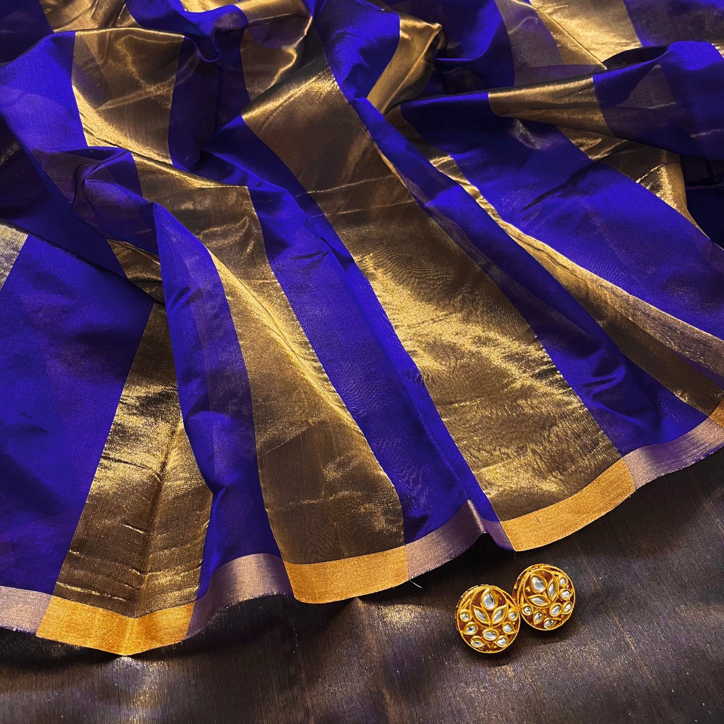 Dark purplish blue Chanderi silk saree with zari stripes