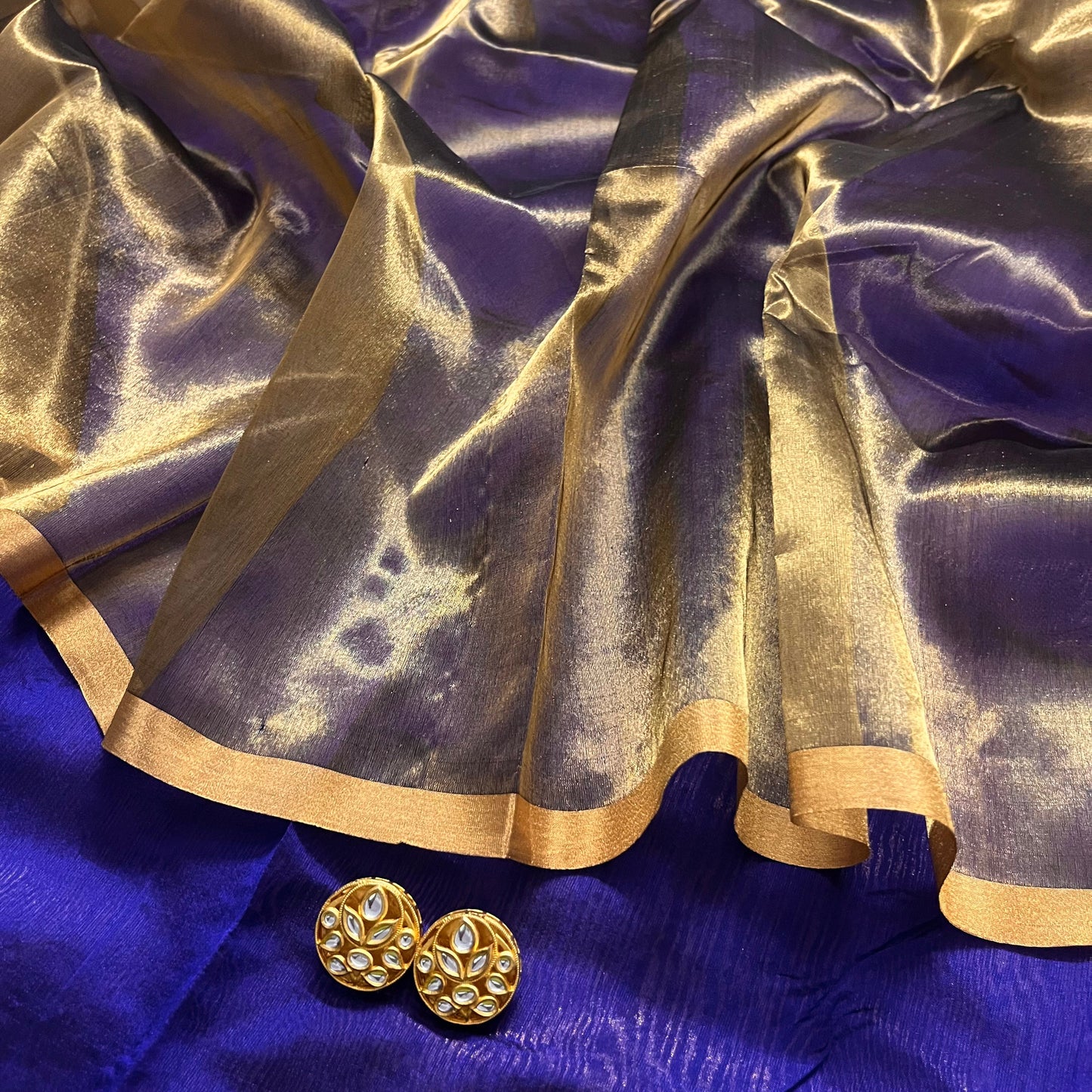 Dark purplish blue Chanderi silk saree with zari stripes