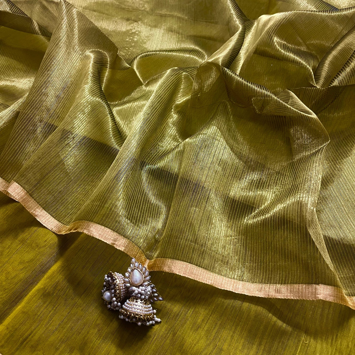 Gold olive maheshwari saree with zari border