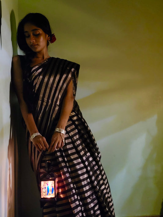 Black and silver striped chanderi tissue silk saree