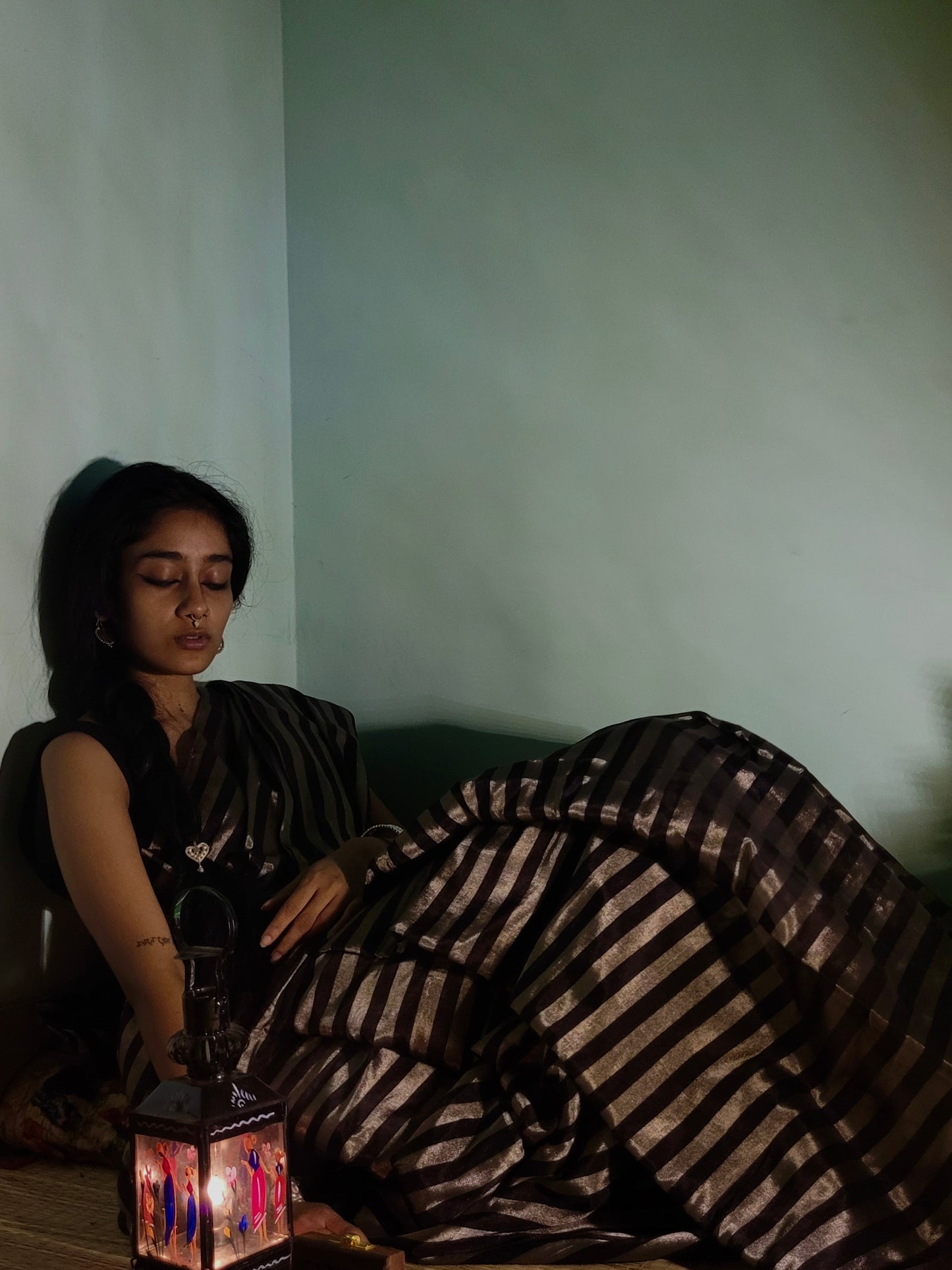 Black and silver striped chanderi tissue silk saree