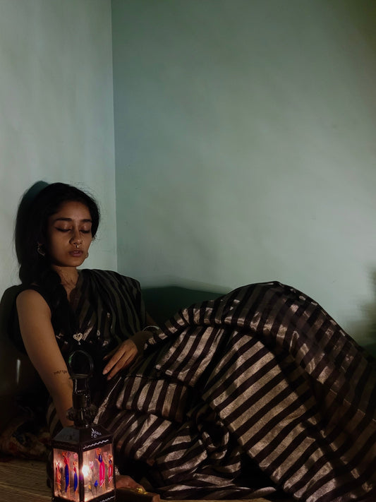 Black and silver striped chanderi tissue silk saree