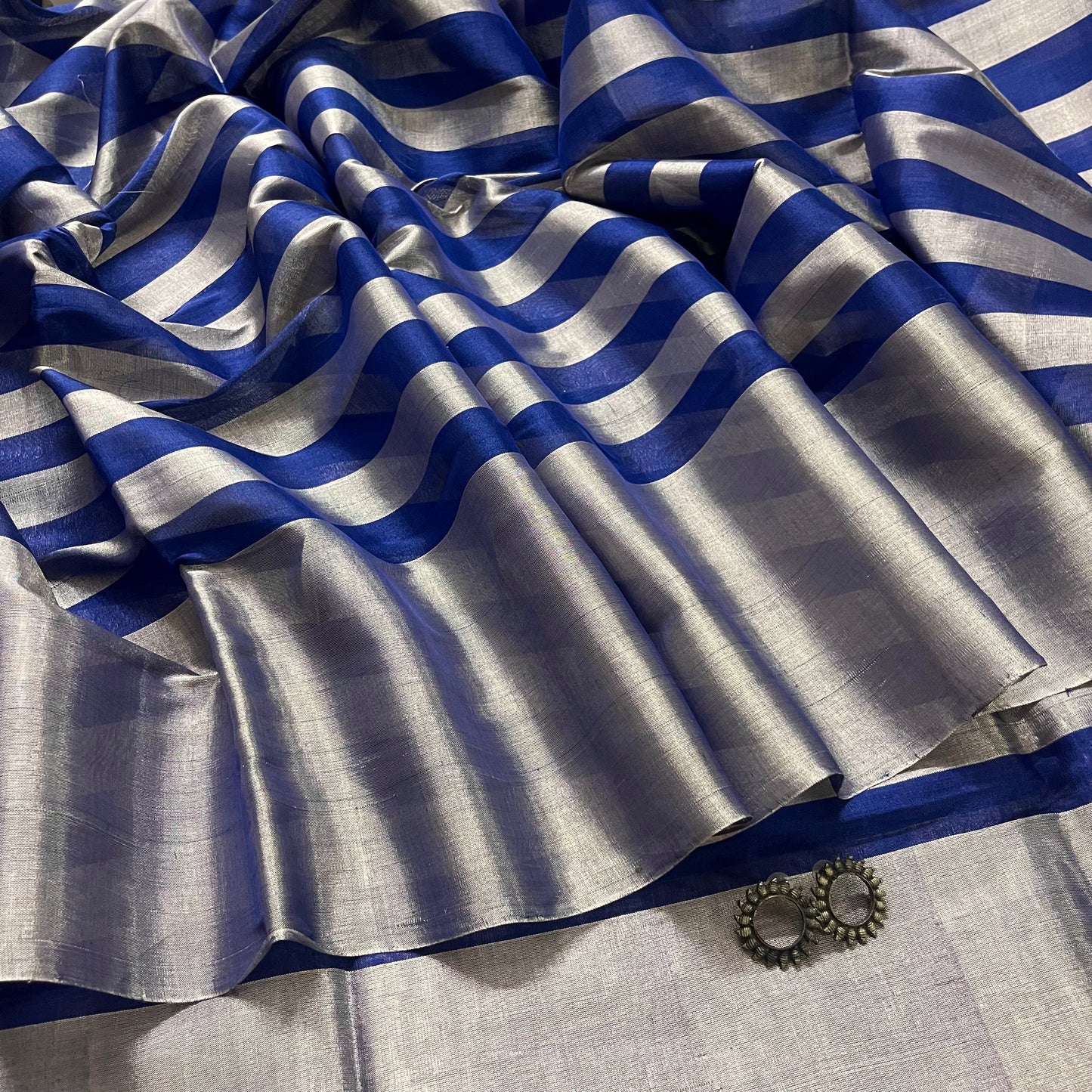 Silver and blue striped chanderi tissue silk saree