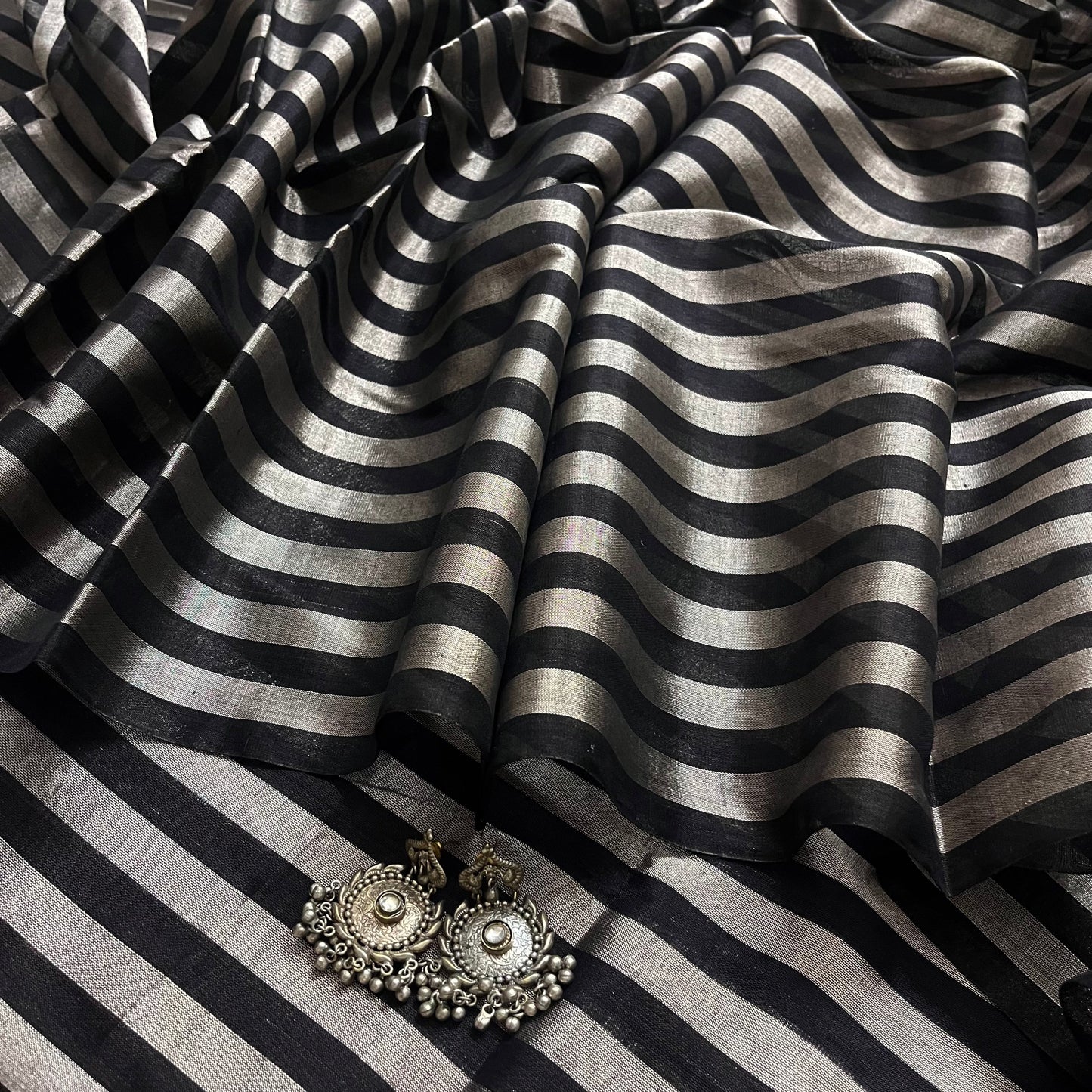 Black and silver striped chanderi tissue silk saree