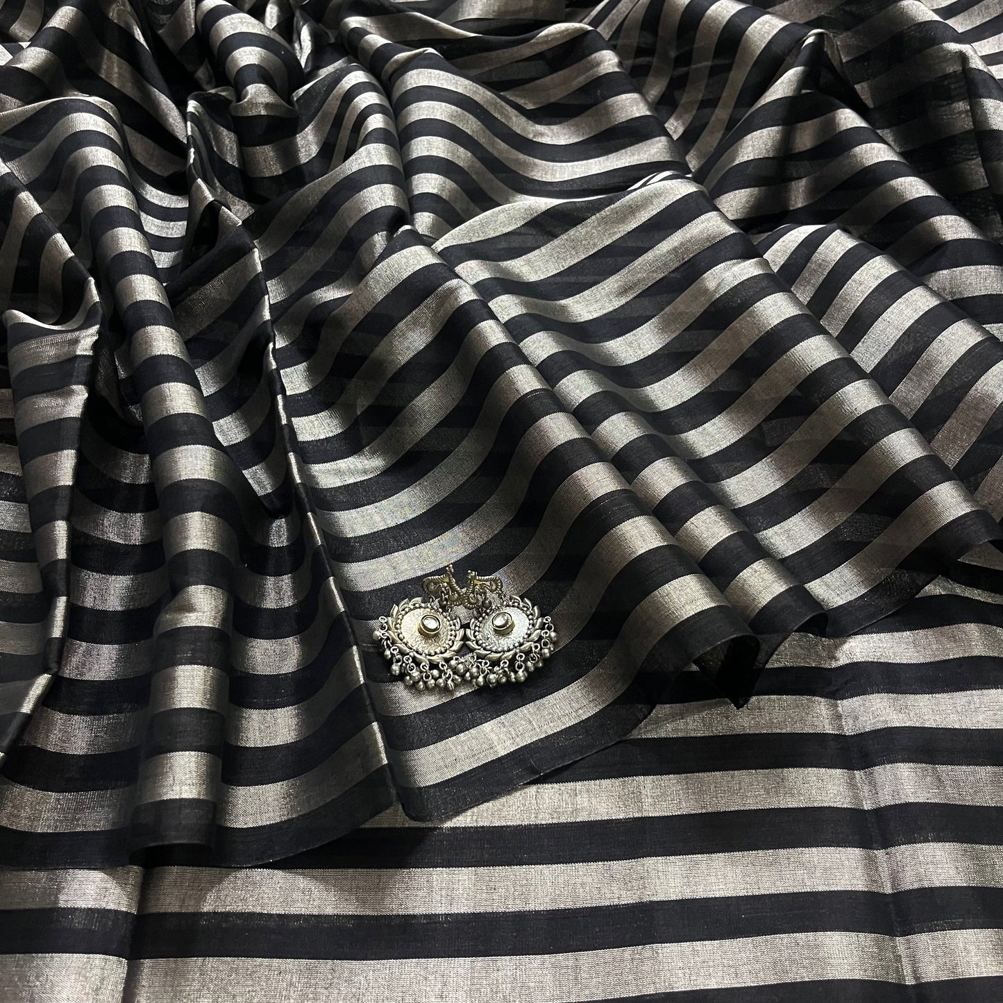 Black and silver striped chanderi tissue silk saree
