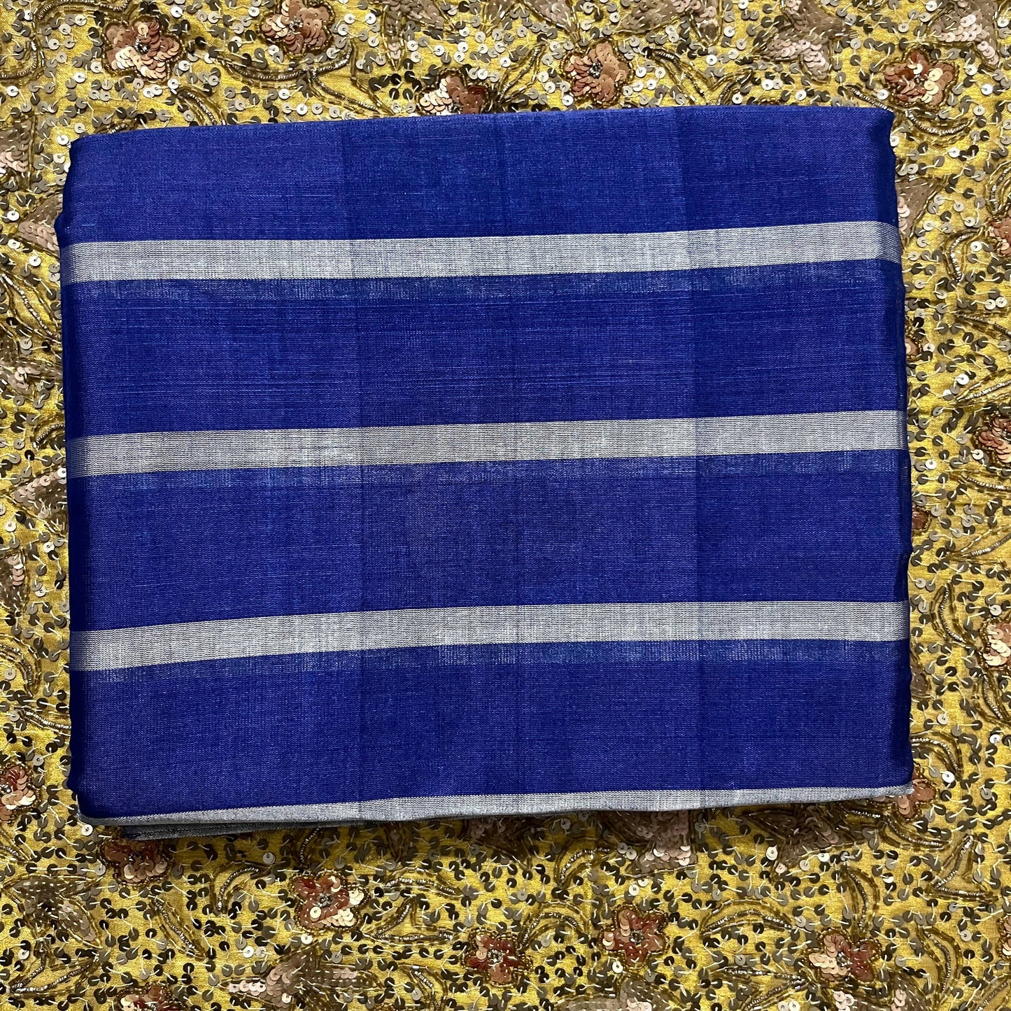 Dark blue and silver striped chanderi tissue silk saree