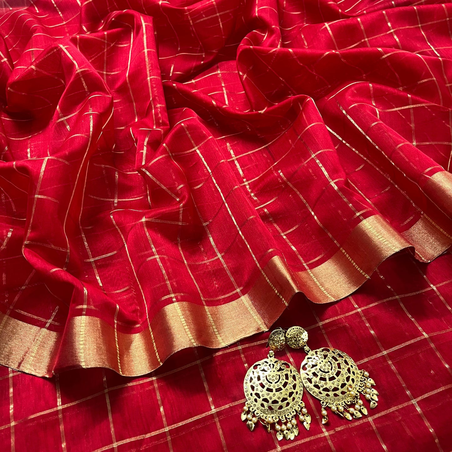 Red maheshwari saree with zari checks all over