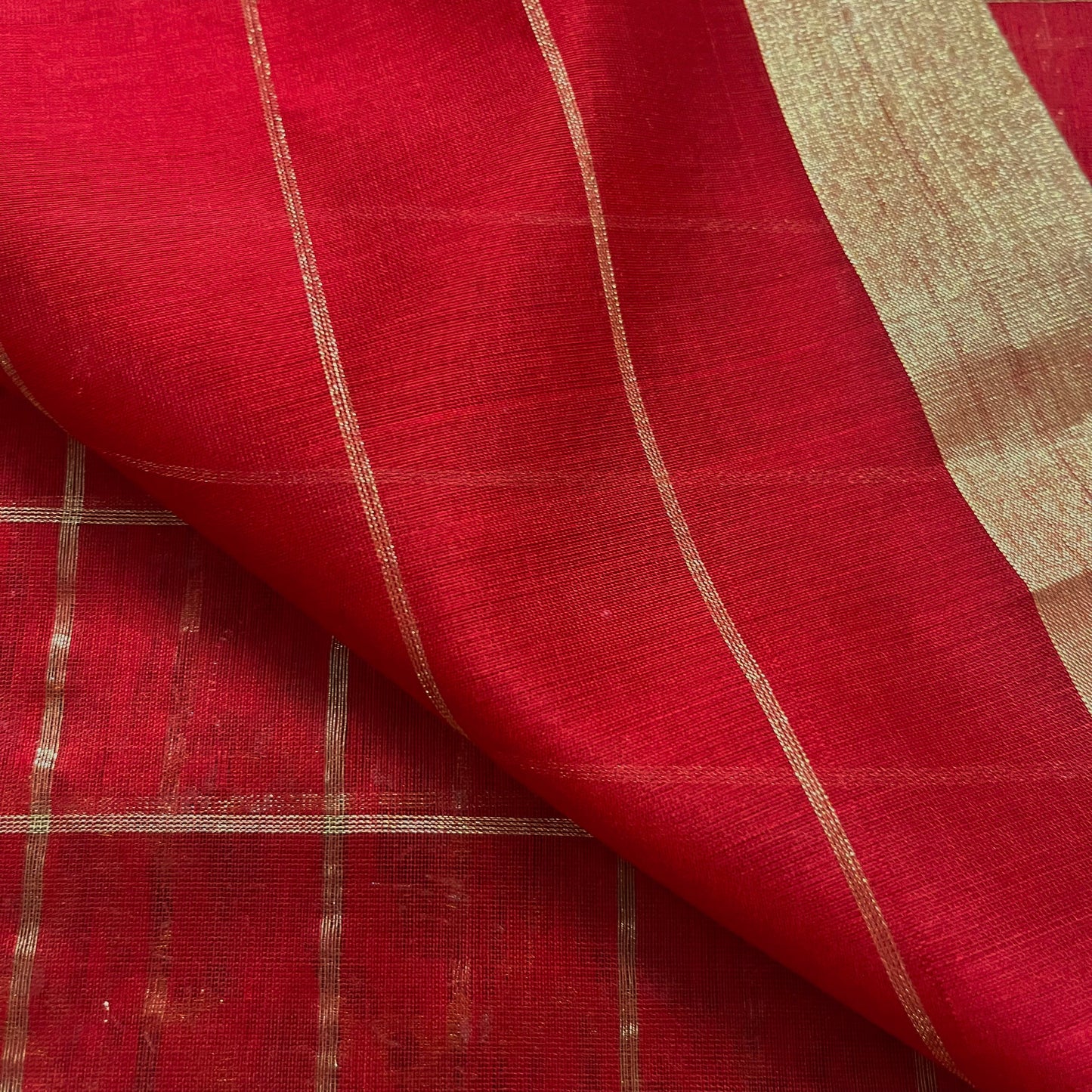 Red maheshwari saree with zari checks all over
