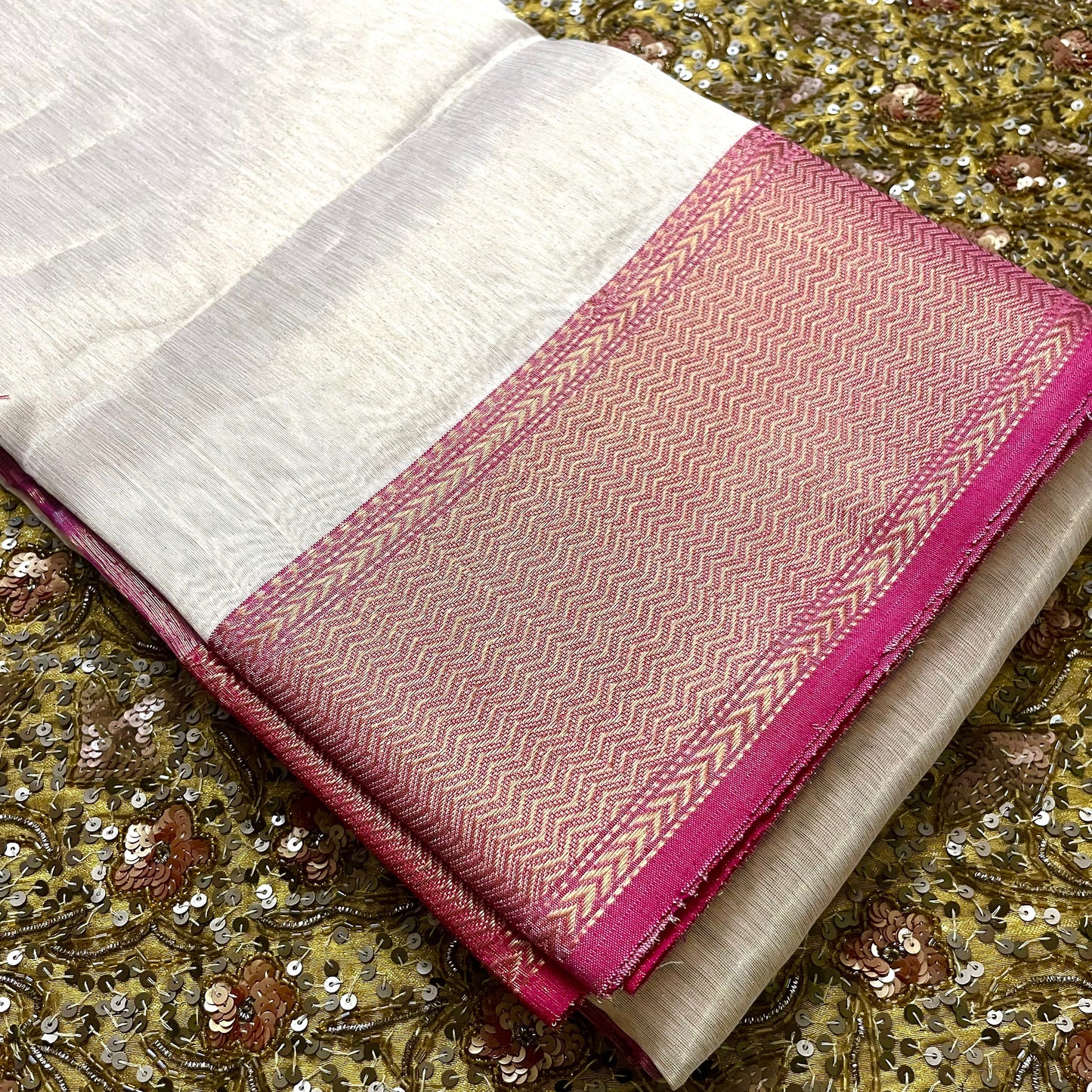 Champagne gold and pink maheshwari tissue silk saree