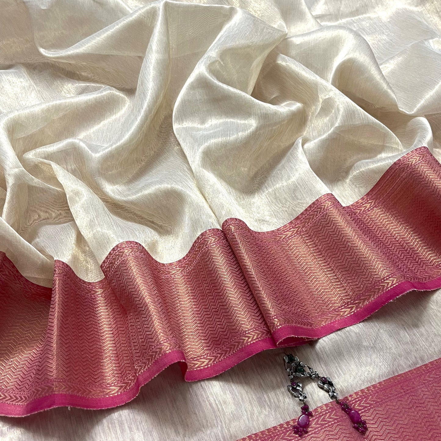 Champagne gold and pink maheshwari tissue silk saree