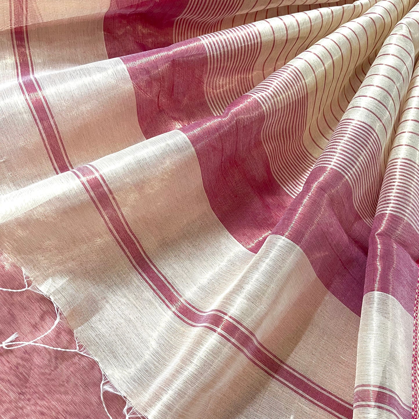 Champagne gold and pink maheshwari tissue silk saree