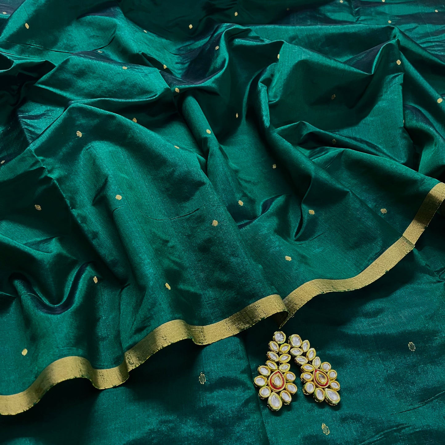 Dark Green Chanderi Silk Saree with Zari Bootis all over