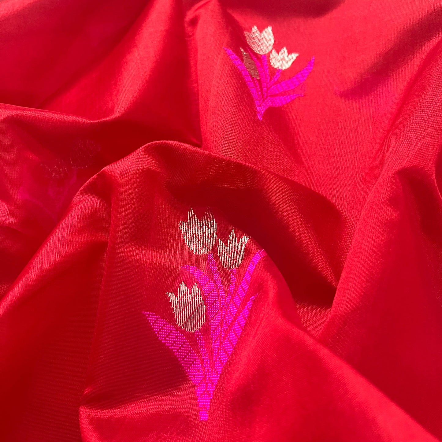 Red and pink chanderi saree with flower motifs all over