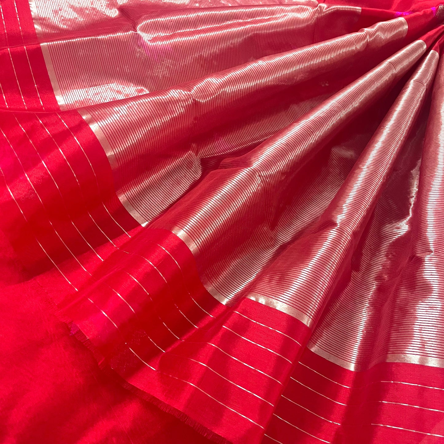 Red and pink chanderi saree with flower motifs all over