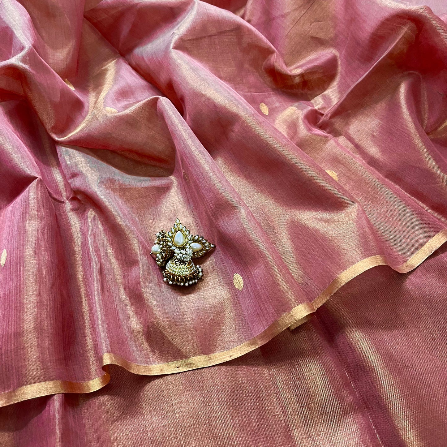 Rose and gold maheshwari tissue silk saree with zari bootis all over