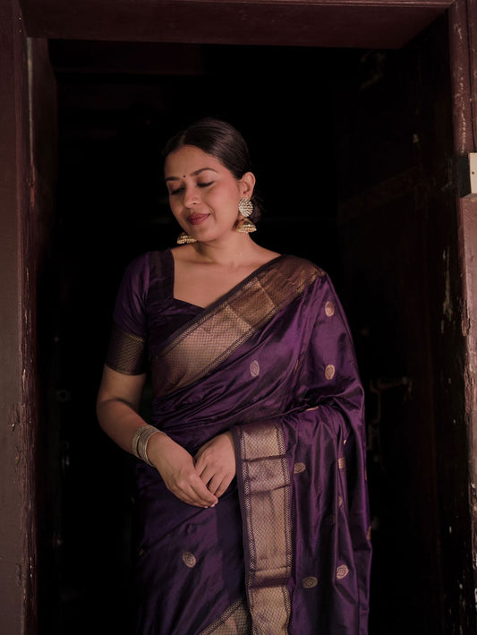 Dark purple Maheshwari silk saree with zari bootis all over