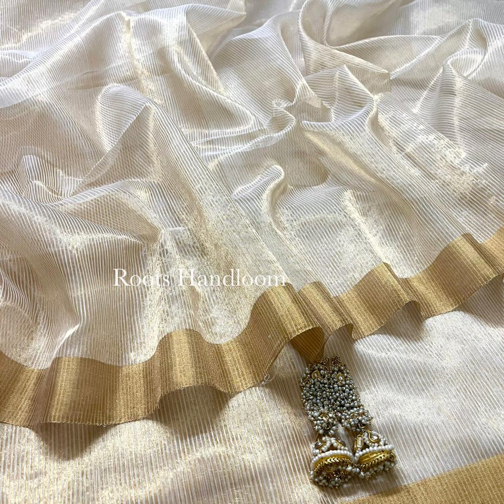 Off-White & Gold Maheshwari Saree with Zari lines all over